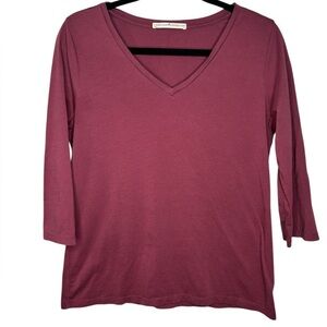 Peruvian Connection Pima Cotton 3/4 Sleeve Scoop V Neck Blouse T Shirt Size Med